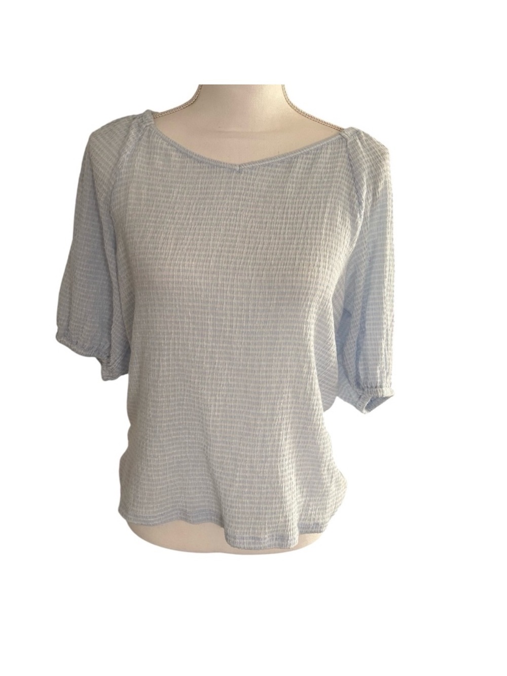 LOFT Light Blue Textured Puff Sleeve Blouse | Size L